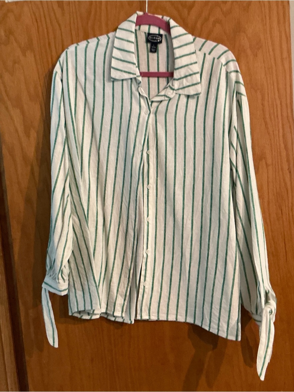 Scoop Green Stripe Button-Down Shirt with ties at cuff.
